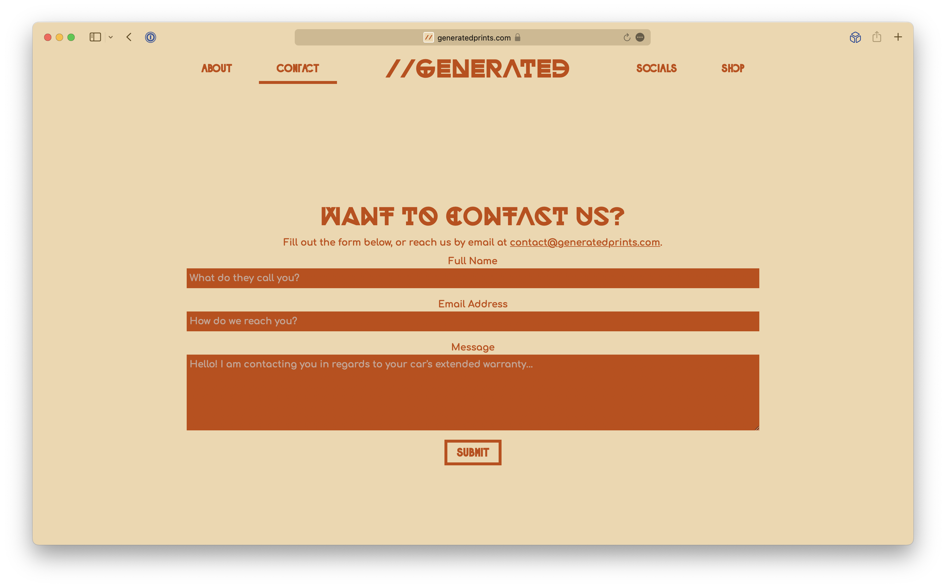 Generated Prints website contact page and form