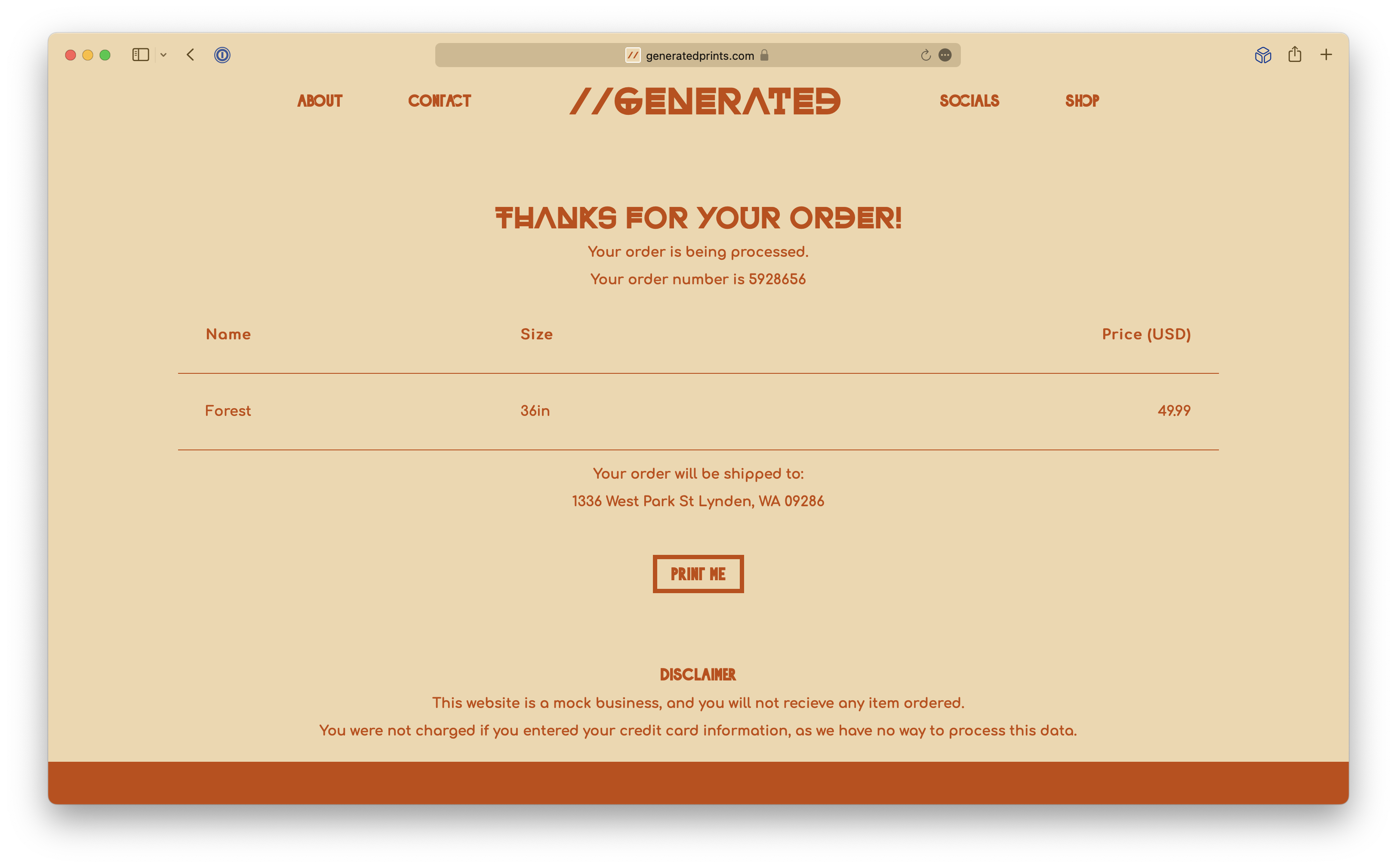 Generated Prints website invoice page