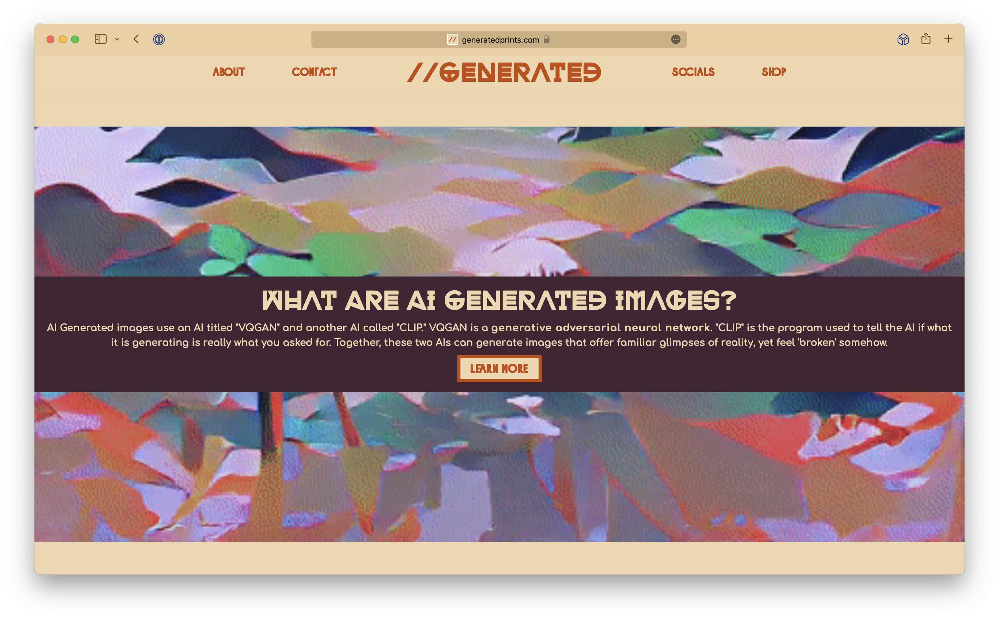 Generated Prints website home information splash